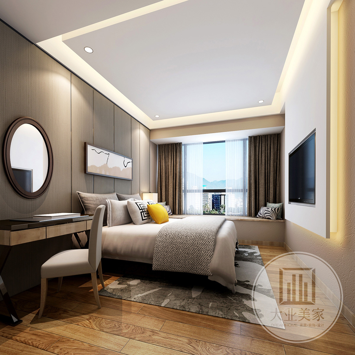 地板、地毯、衣柜以及墙面的装饰都是选择有清晰顺畅的纹路的材料，然后在适当的对其进行颜色的搭配，这样一来很容易让卧室的现代气质得到更好的提升。