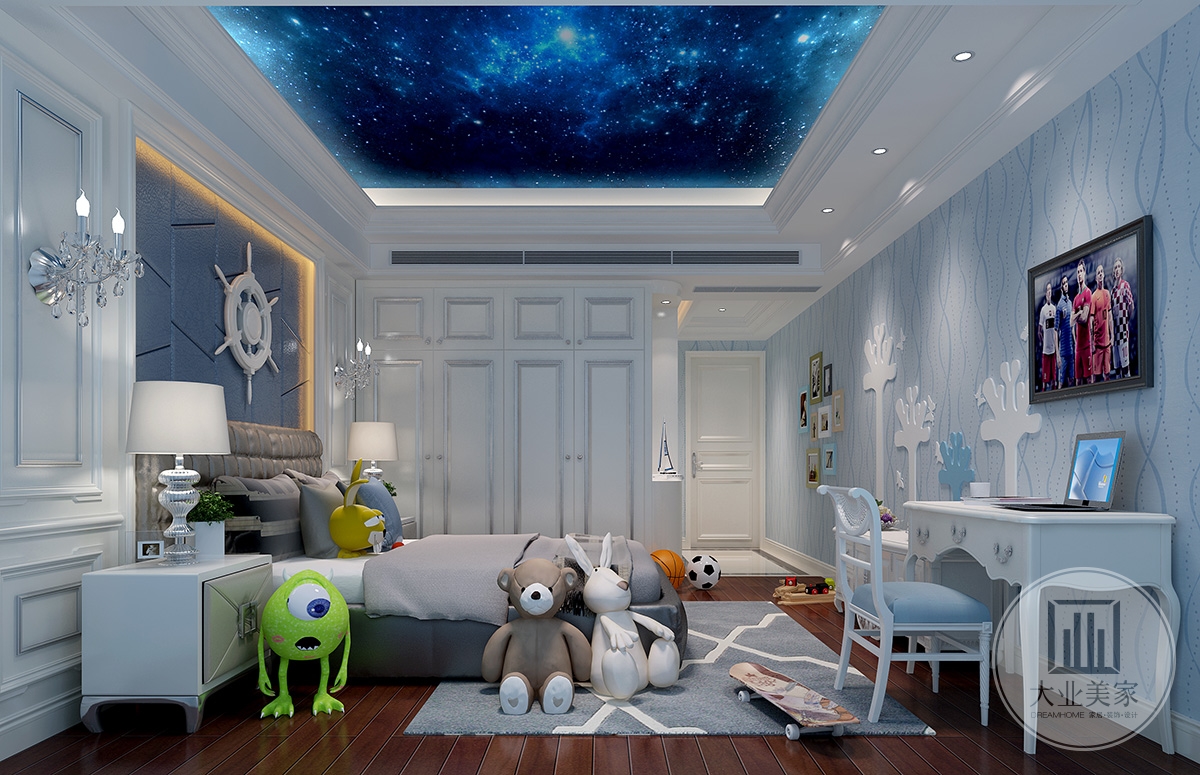 小孩房效果图：小孩房以蓝色为主，衣柜配色均与床色调相呼应，给小孩创造良好的睡眠环境。轨道灯也体现了简单品质的设计手法。