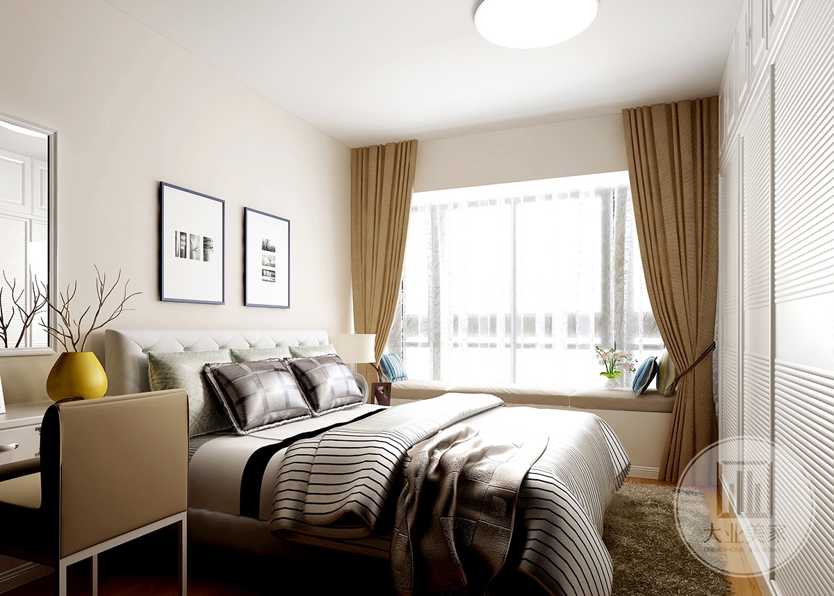 卧室效果图：奶茶色作为整个卧室的主调单配，单人椅和两个床头柜，整体的颜色简约统一。