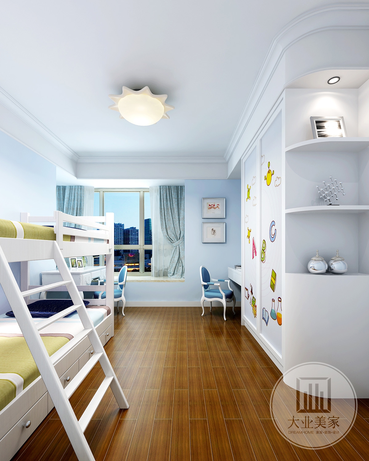 小孩房效果图：儿童房以蓝色为主色调，白色的软装布置让儿童房瞬间清新温馨。因为是两小男孩所以上下床的设计，合理地利用了空间，功能设置齐全，最大化的保留了活动区域。