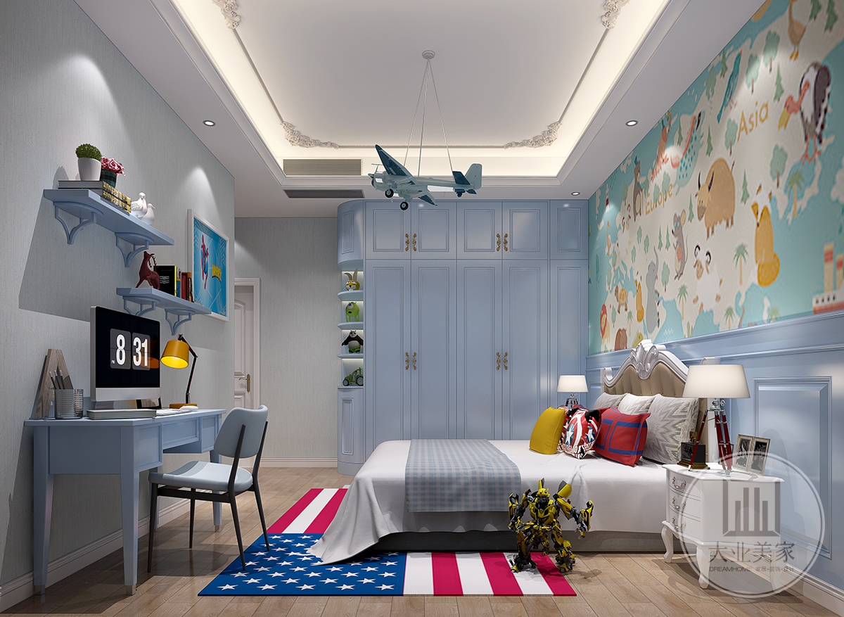 小孩房效果图：儿童房的布局更是父母最关心的部分，蓝白色调给人清新的感觉。墙面的卡通小牛印花调皮又可爱。
