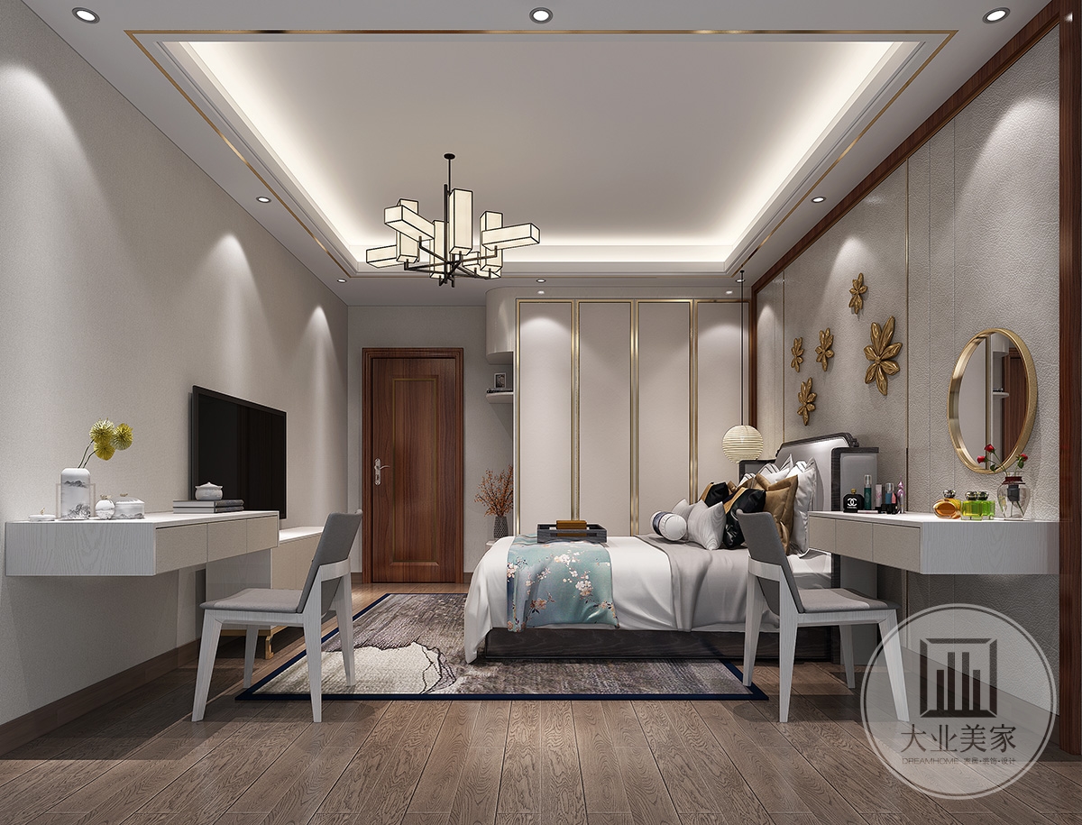 卧室效果图：采用优雅的白色，采用木纹地板，干练的线条，运用了现代块面状的设计手法，极力营造出一种中国式的安静、优雅之美。