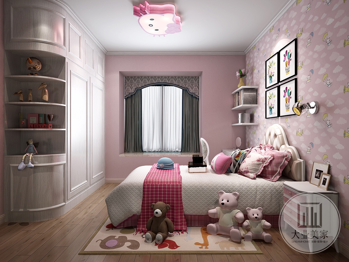 女孩房效果图：每个女孩都有一个公主梦，所以选用粉色作为整个空间的主色调，深色的地板上在搭配上一张浅色地毯，让空间有了个深浅呼应，又将布艺作为点缀，让整个空间充满一个暧融融的童话氛围。