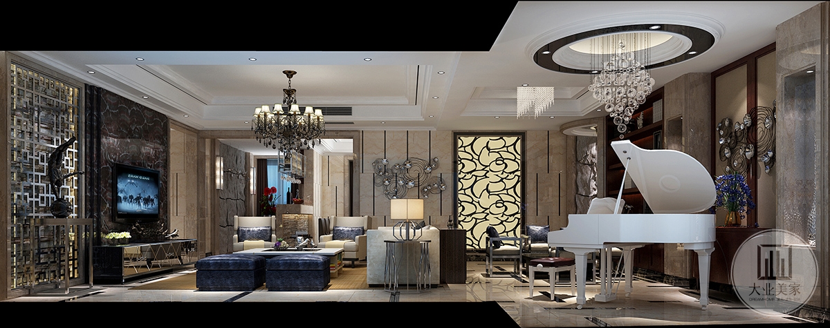 客厅稳重大气，吊顶有层次风格和整体统一，整体风格以大气内敛，设计注重造型比例和对景软装和硬装之间平衡。