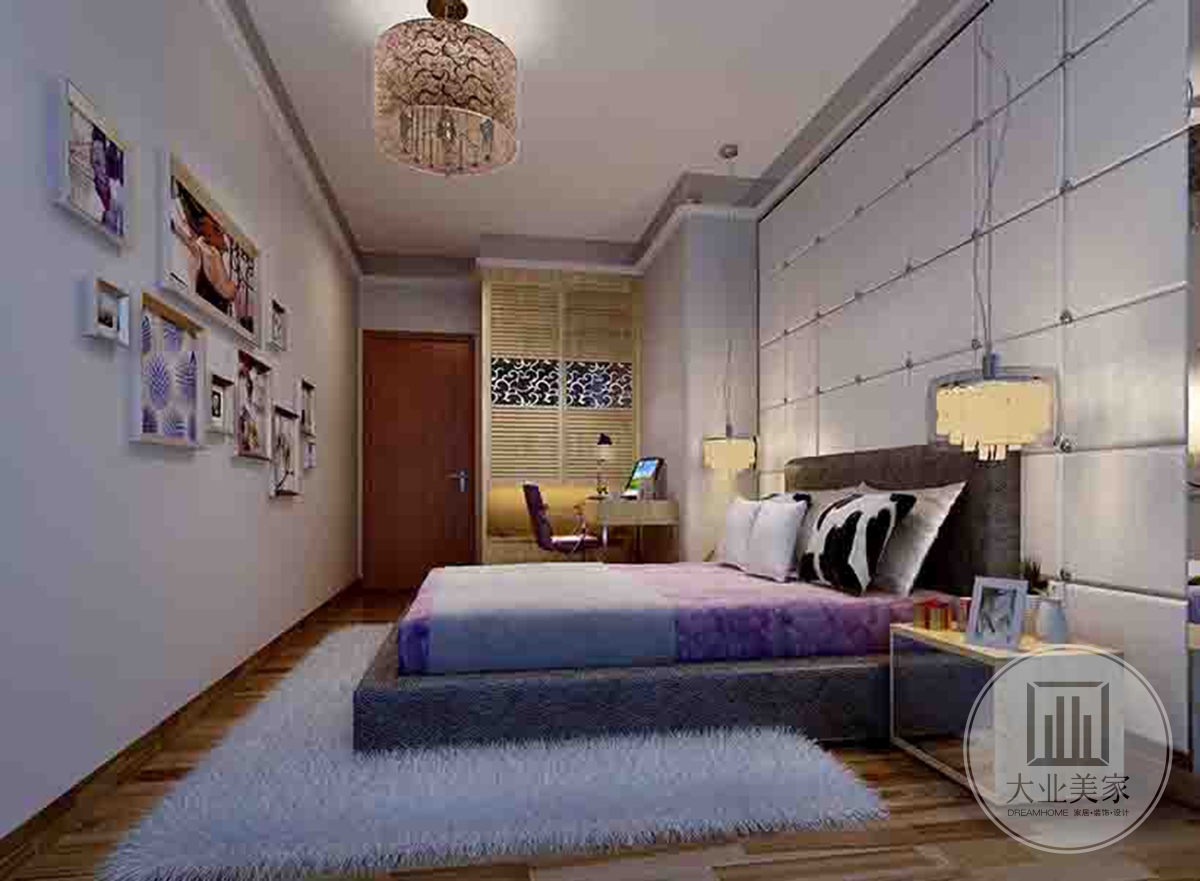 女孩房效果图：紫色的床古朴的中式造型与现代生活的便捷糅为一体，让卧室充满了舒适与闲适。