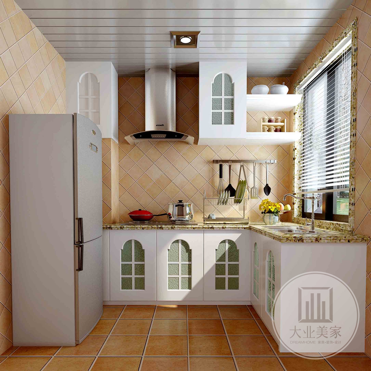 厨房效果图：白色橱柜与吧台面，流露出质朴的自然气息，洁净清爽，线条感明显，彰显出空间感。
