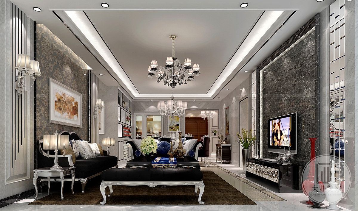 客厅效果图：以黑白灰色调为主的大对比色彩，加以简约形态的家具来协调，营造一种高贵雅致对比的深度感的空间。将欧洲新古典风格演绎成一种优雅的平衡姿态，含蓄，考究的家居空间。