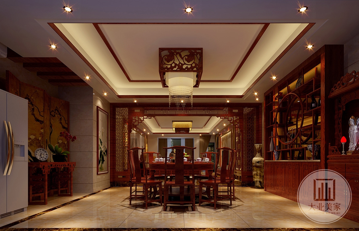 餐厅效果图：客餐厅用月亮门作为隔断来分区，餐厅区用红木家具和中式元素的搭配，门厅区用整面的镂。