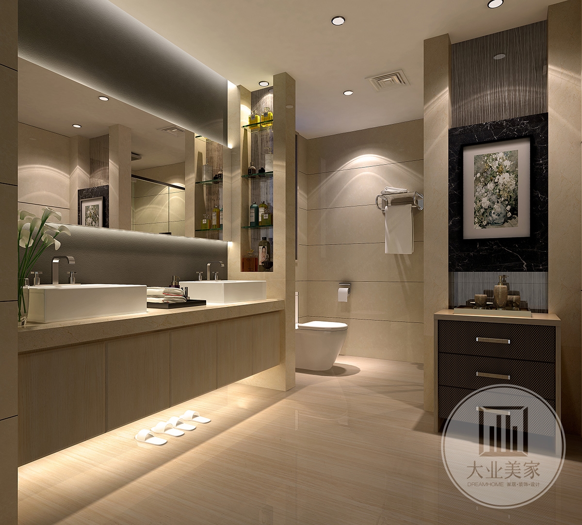 主卫效果图：主卫简洁清爽的卫浴间装修，黄色的墙面瓷砖、地面瓷砖，白色的卫浴洁具，整体格外的舒适。