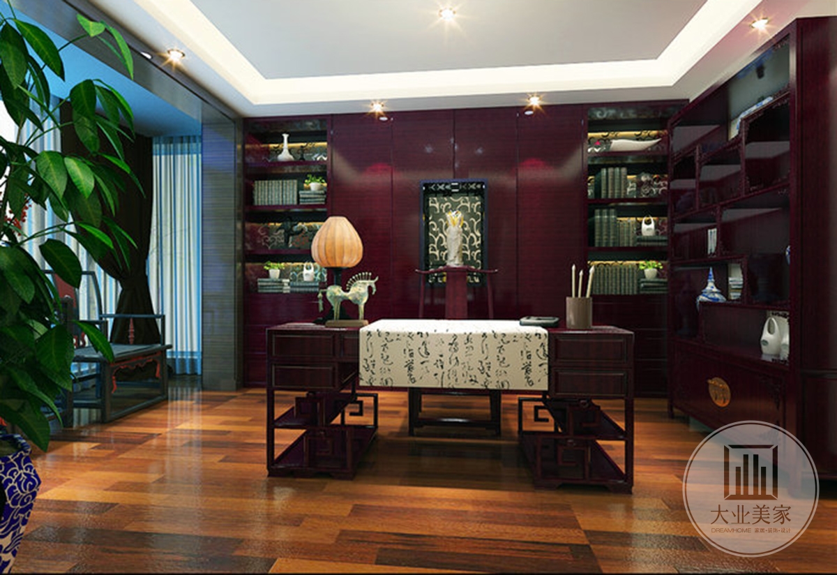 书房效果图：书房选用木纹地板给人一种干净整洁的既视感，木质书柜和实木书桌把主人的个人喜好、品味等也加入进去，给人一种低调沉稳。