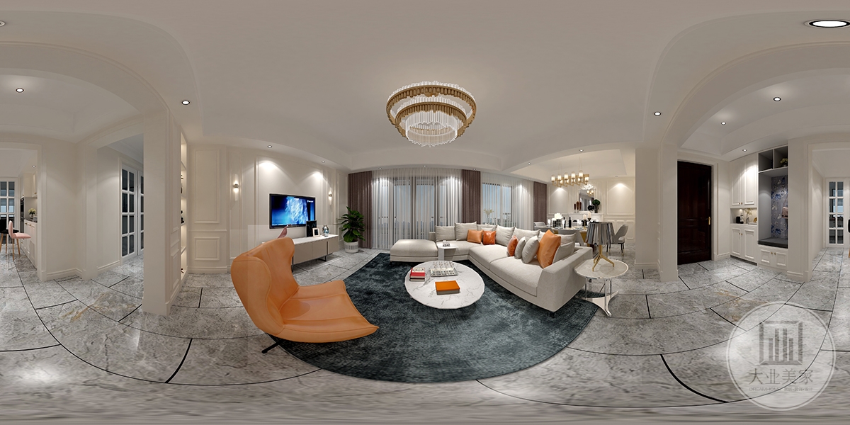 客厅效果图：客厅餐厅一体式设计，地面采用光洁的灰色大地砖，米白色的布艺沙发加上白色的美式家具，单独一个橙色椅点缀，银色的金属灯具，拼色的窗帘搭配白色纱帘。