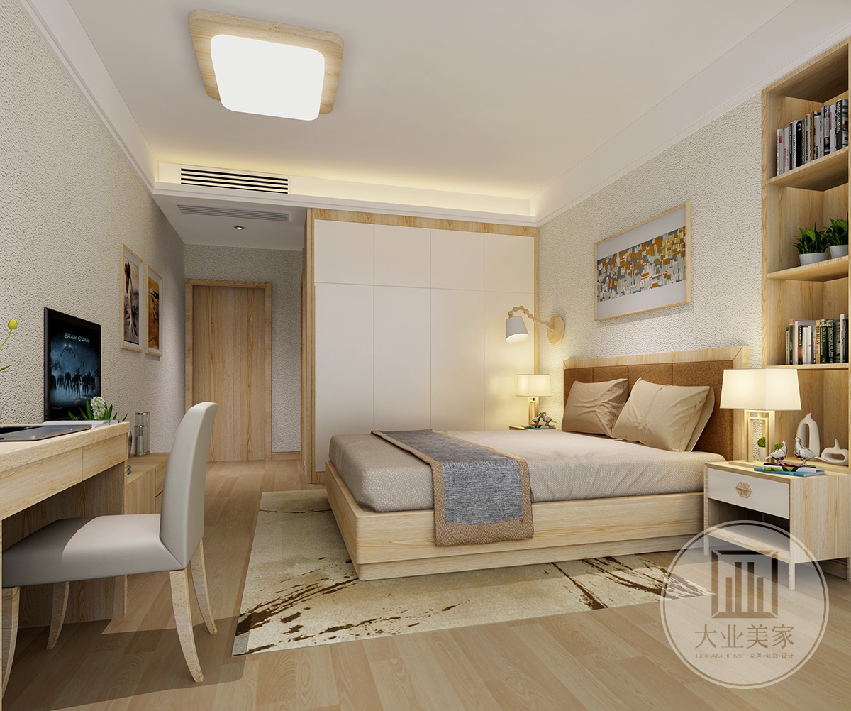 卧室的装修，追求的是一种简约的装修模式，可在床头两侧设计两盏圆形灯，直线与圆的简单结合，让空间显得宽敞、宁静。