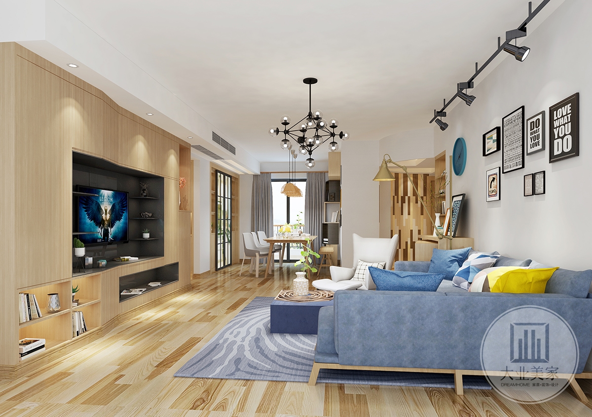 客厅效果图：客厅以灰、白、木为主色调，沙发背景墙画设计赋予空间独特的气质，灰蓝色的主沙发搭配白色单人沙发，电视背景设计为收纳式，整个空间色彩明亮十分清新。