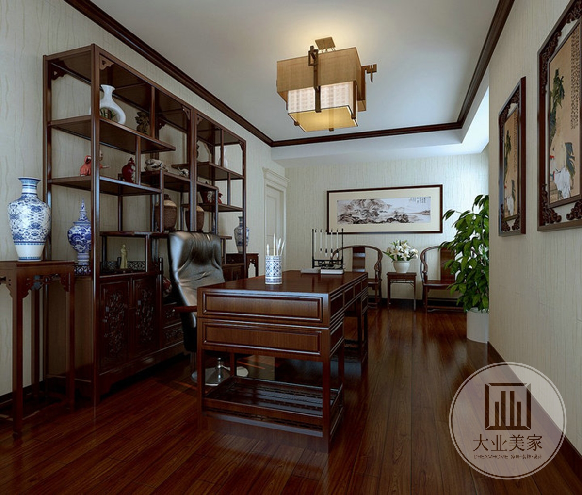 书房效果图：书房采用了中式设计手法，家具都以桃木色为主。