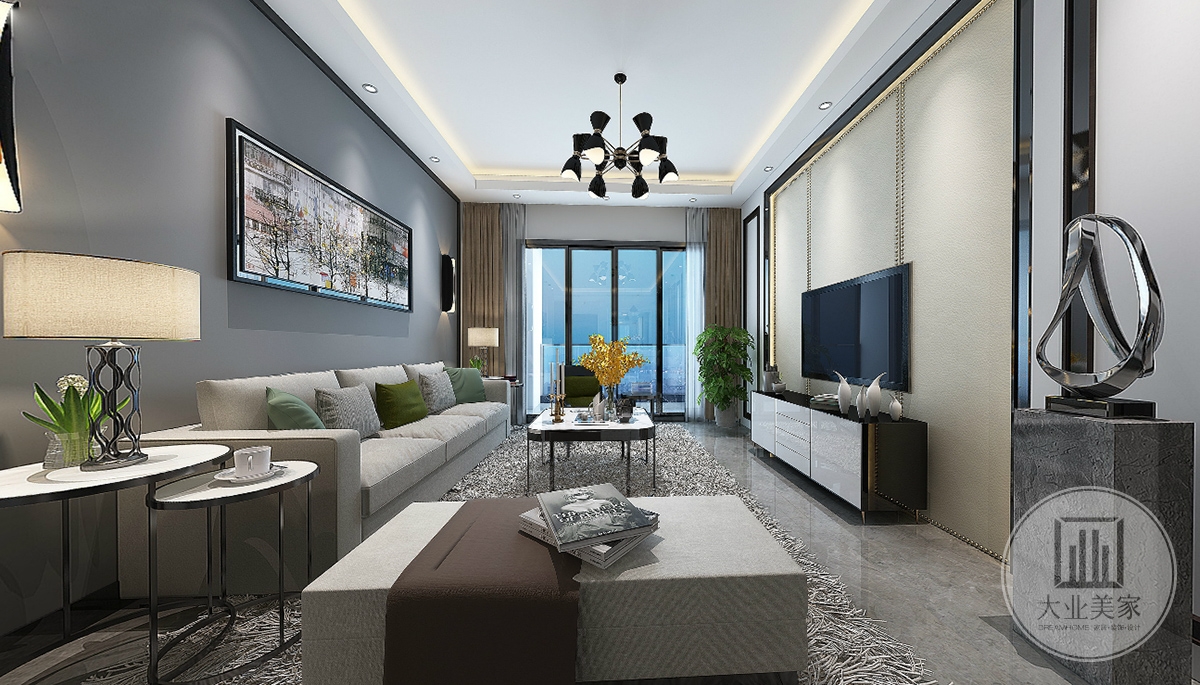 客厅效果图：客厅的沙发选择灰色的布艺沙发，在软装配饰上则使用咖色、浅黄色、深咖等为基调，糅合少量金色使色彩看起来明亮、稳重大方。