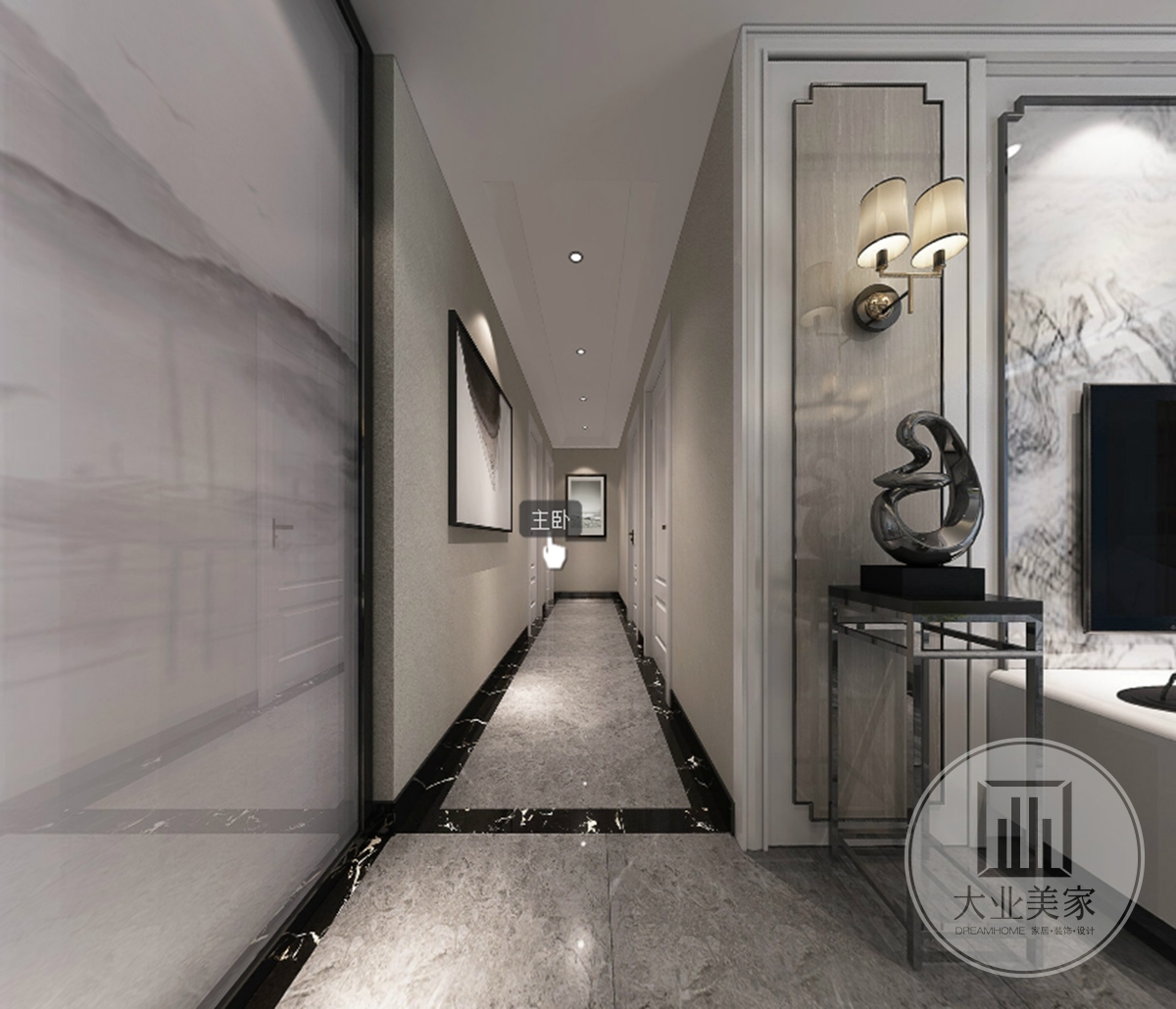 走廊效果图：走廊地面采用大理石配黑边设计，墙面用黑白装饰挂画搭配在灰色墙面上，让墙面不在单调。