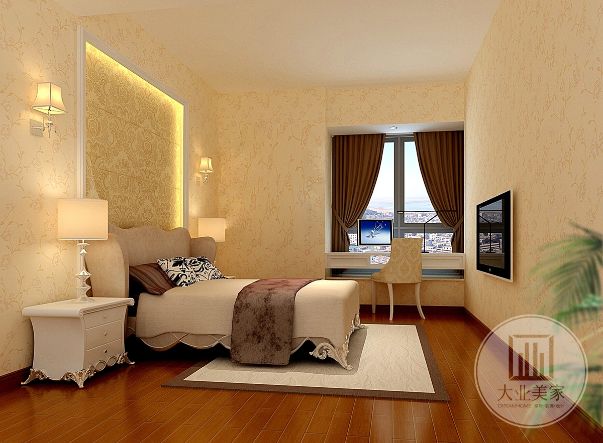 次室效果图：整个空间采用米黄色墙纸，床头背景四周采用石膏线来装饰，搭配白色的床铺桃木色地板，尽凸显中式传统的意蕴与味道。