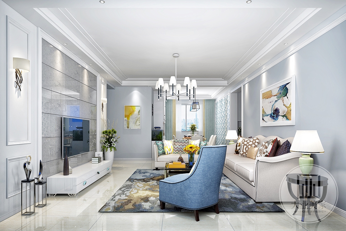 客厅效果图：客厅在灰蓝色的墙面基础下，搭配米白色布艺沙发与定制电视柜，整体空间简洁实用而又优雅大方。