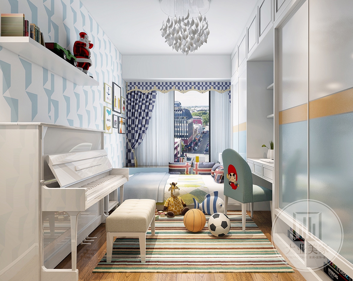 小孩房效果图：另一个儿童房以榻榻米+书桌+收纳的组合设计，紧凑的空间装出实用的功能，空间利用巧妙精致。