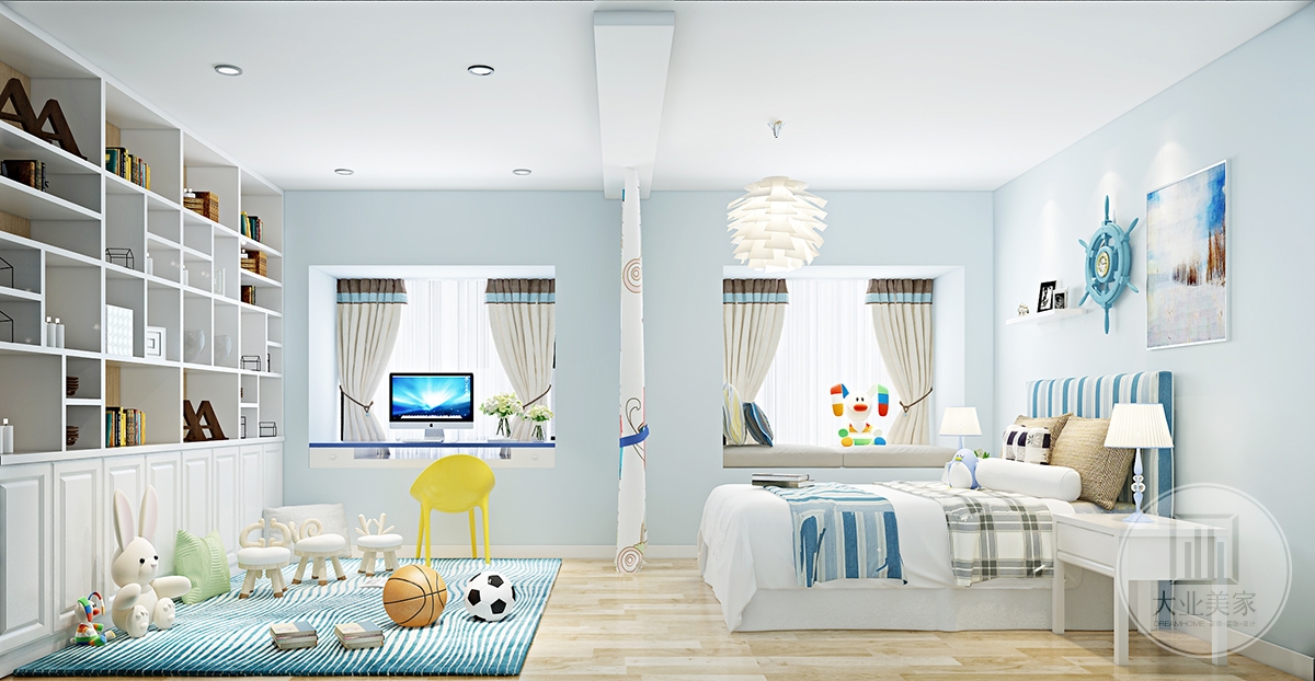 儿童房效果图：选择清新淡雅的蓝绿色，明快活泼，地毯与窗帘进行同色系补色。休息和玩耍区区分开来，墙面专门做了一面书墙，不局限于空间，随着孩子成长还可以做调整。
