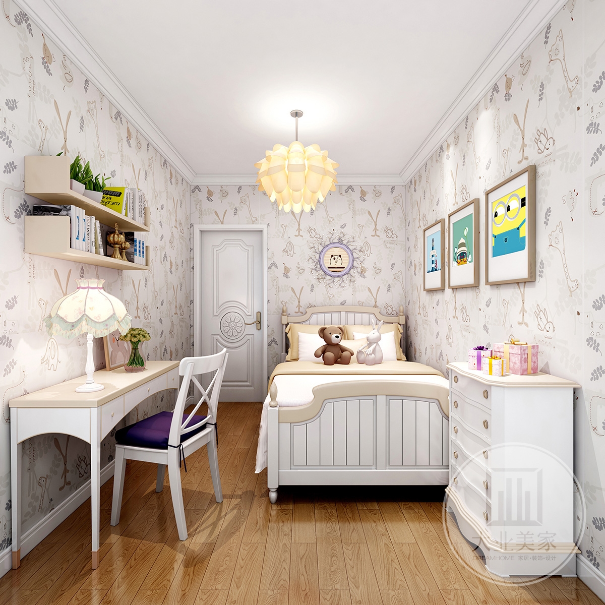 女孩房效果图：女孩房整体简洁优雅的空间，搭配上米黄色床单与桌子，也让空间显得更加雅致温馨。