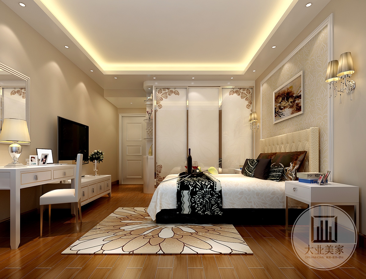 主卧效果图：卧室以米黄色为主色调，以白亮光系列家具，独特的光泽使家具倍感时尚，具有舒适与美观并存的享受。在配饰上，延续了黑白的主色调，以简洁的造型、完美的细节，营造出时尚前卫的感觉。