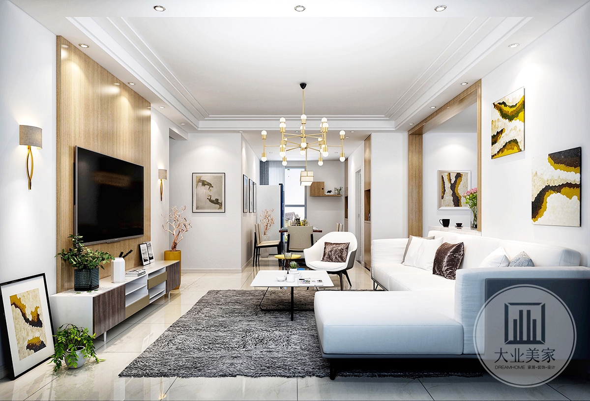 客厅效果图：整体以白色为主色调，采用实木来点缀空间，电视背景墙整面用实木来装饰，使空间简约时尚。