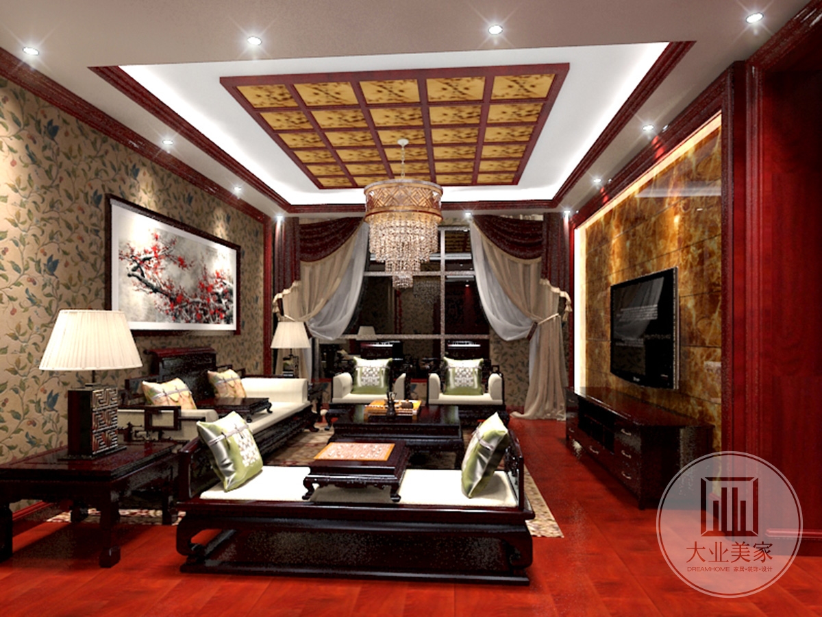 客厅效果图：米黄色的墙面与深红色古朴的家具，搭配出素简风华的情调；精谨细腻笔法描绘的山水挂画悬于墙面，点缀出温润与雅致的中式空间。