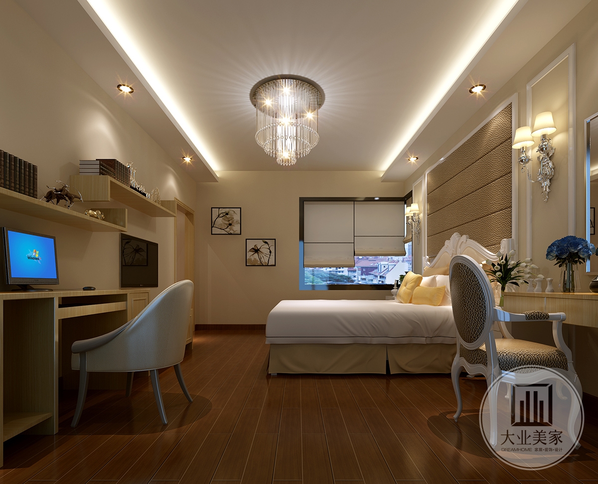 主卧效果图：卧室的设计，保留了欧式风格特有的线条感，同时减少了高贵奢华的元素，给人一种非常轻松的舒适感。
