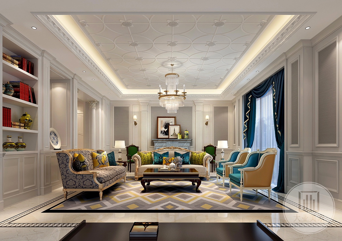 一楼客厅效果图：软包欧式的复古家具，让空间多了几分古典气息，弯腿造型取代了旋木直腿，更显优雅别致。柔美的线条、浓郁的色彩，精美华丽的沙发，都是法式风格的标配。