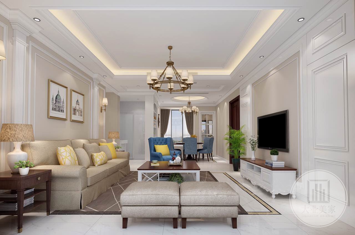 客厅效果图：客厅，米色布艺沙发+铆钉的点缀，家具线条多以白色呈现，增添细腻精致的质感，抽象的装饰画提升了家居的空间感，起到点睛的作用。
