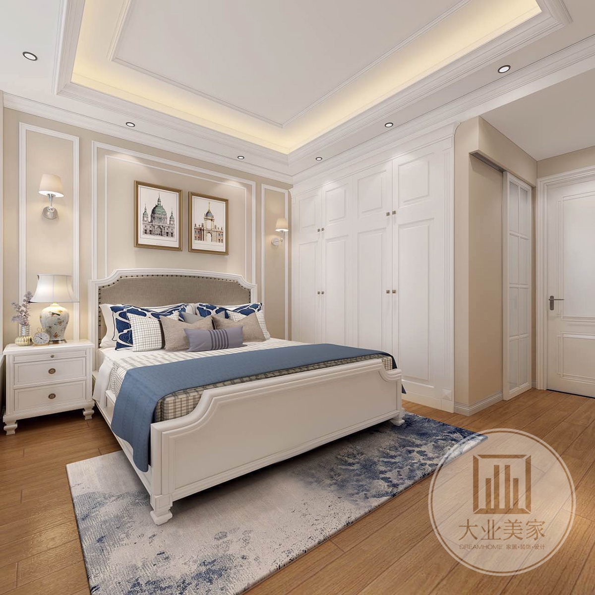 主卧效果图：卧室里富有质感的美式床品被蓝色填满，放眼望去是满眼的光滑柔和，让空间显的大方、典雅的气质。