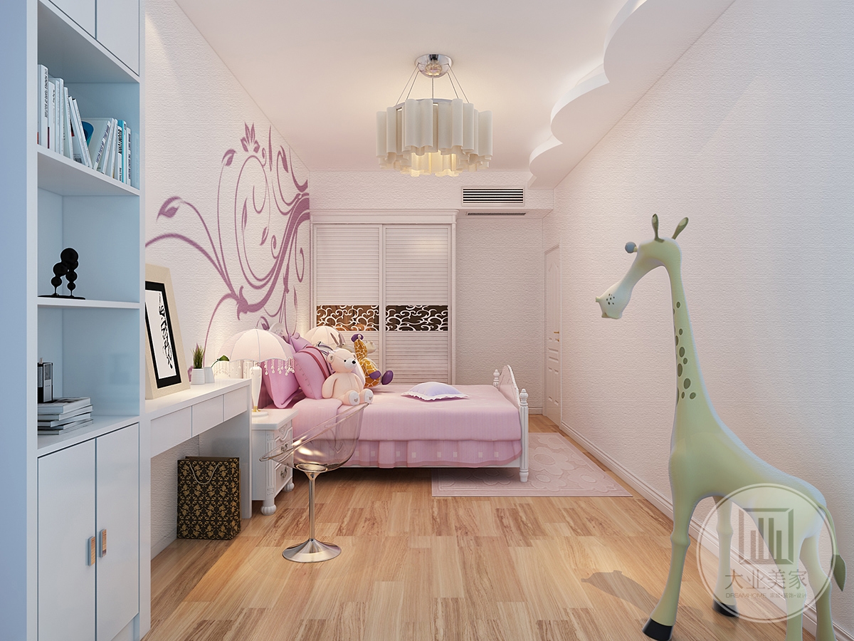 儿童房效果图：小孩房背景墙选择了代表浪漫的紫色花，整个空间没用过多的装饰，床以粉色系来装饰将小公主的感觉体现的淋漓尽致。