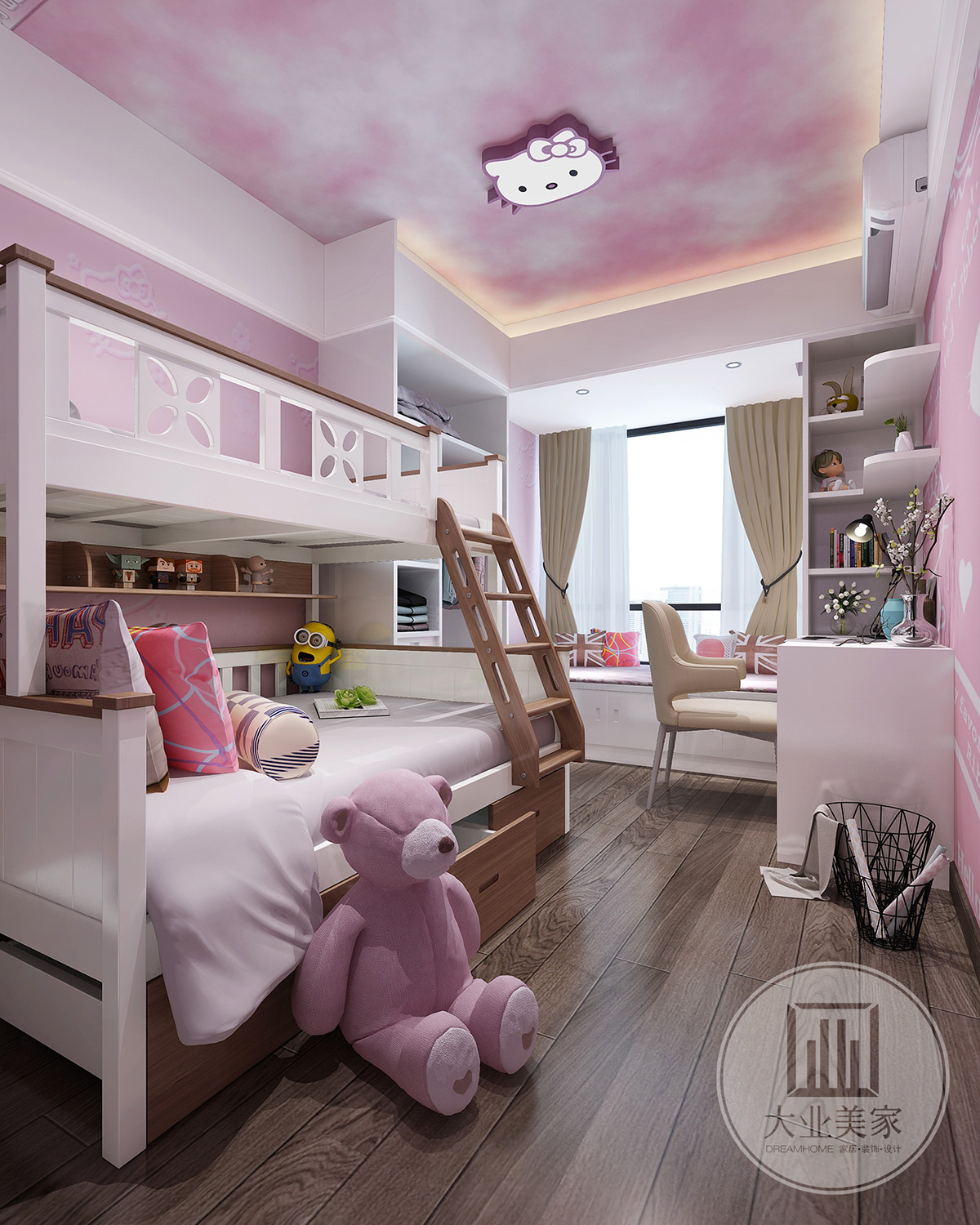 小孩房效果图：白色+粉色+原木色的儿童房，柔和又可爱，落地书架和上下铺床的设计，让孩子在无拘无束的环境下学习成长。