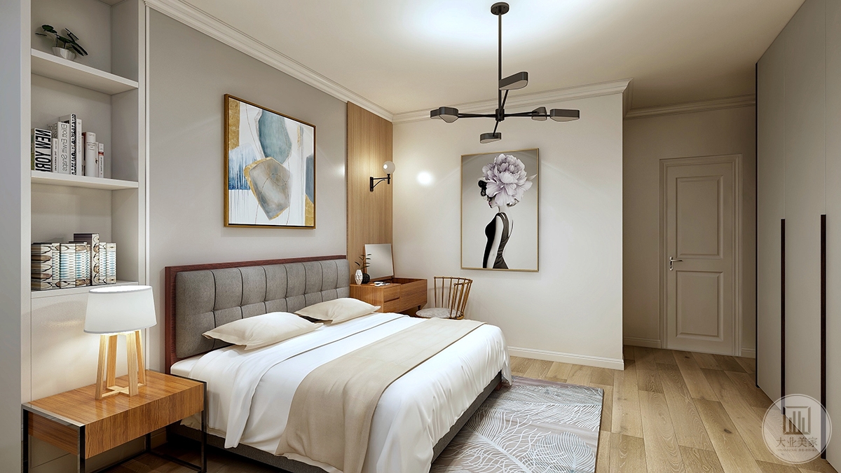 卧室效果图：卧室以灰黄为主色调，地面的通铺木地板，原木色家具搭配的是白色的墙面，床品是灰色的，给人一种简单轻松的氛围。