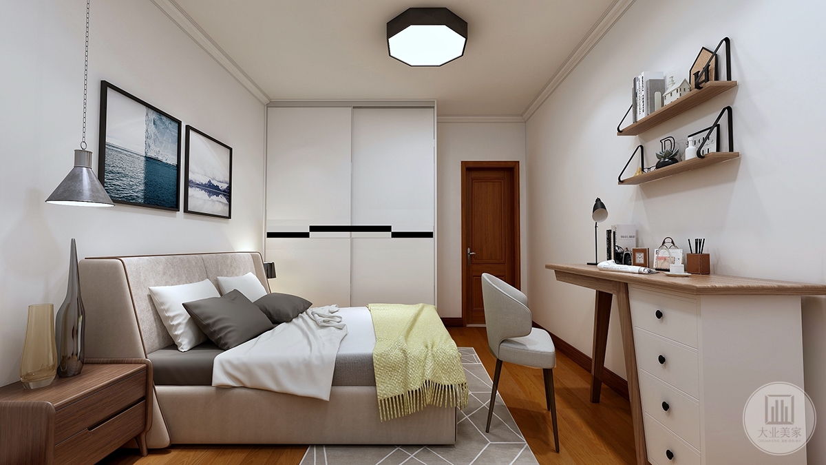 卧室效果图：卧室没有太过花哨的设计，以白色为主，柜子为暖白色自然悦目，让整体感觉更加时尚前卫，运用上更加便利。