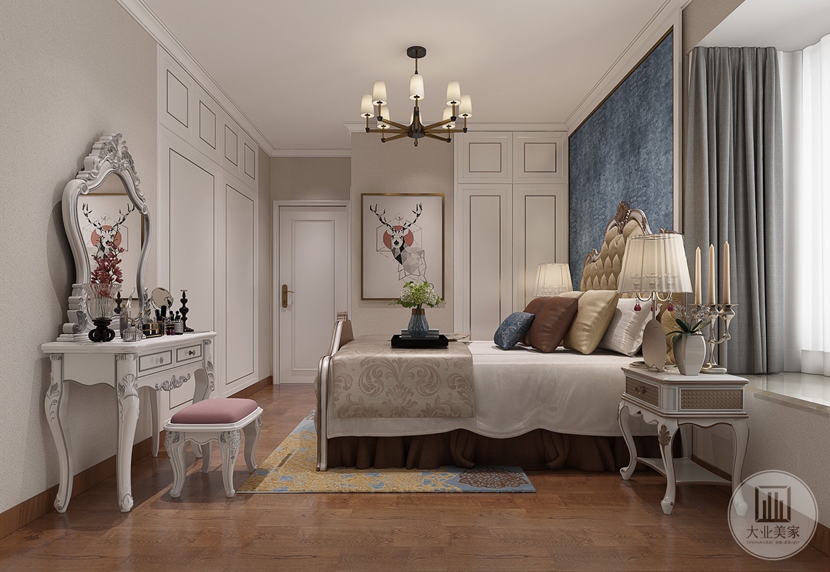 卧室效果图：卧室以白色为主色调，暖黄色、深蓝色点亮空间，暖色灯光和地毯的质感使空间充满温馨感。