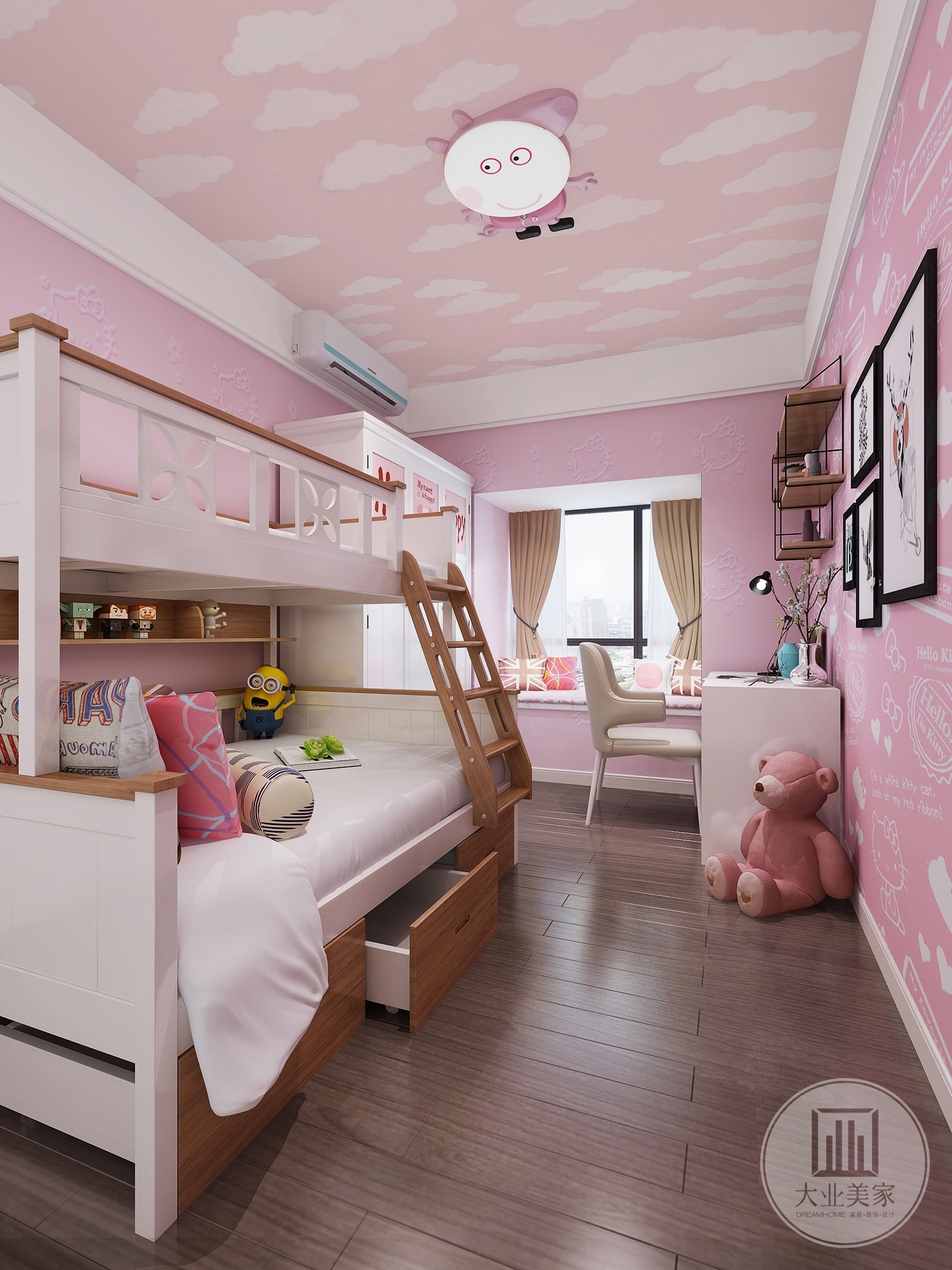 小孩房效果图：女孩们的梦想里都有这样一个童话般的粉色卧室。床上下铺设计，以粉色为主色调，各种手作工具活跃在空间各处，为孩子提供了一个轻松的私人空间。