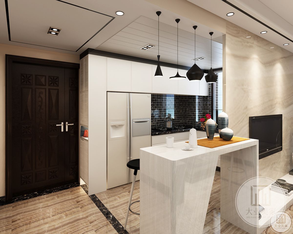 厨房效果图：厨房设计为开放式模式，吧台与电视背景墙相结合简洁实用，用石材纹路来点缀单调的结构，整体色调以温馨白色为主。